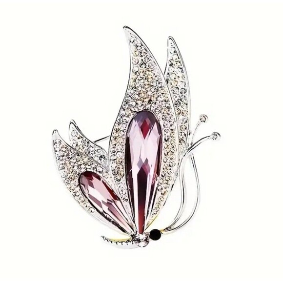Silver butterfly brooch with pink purple gem - Picture 3 of 4
